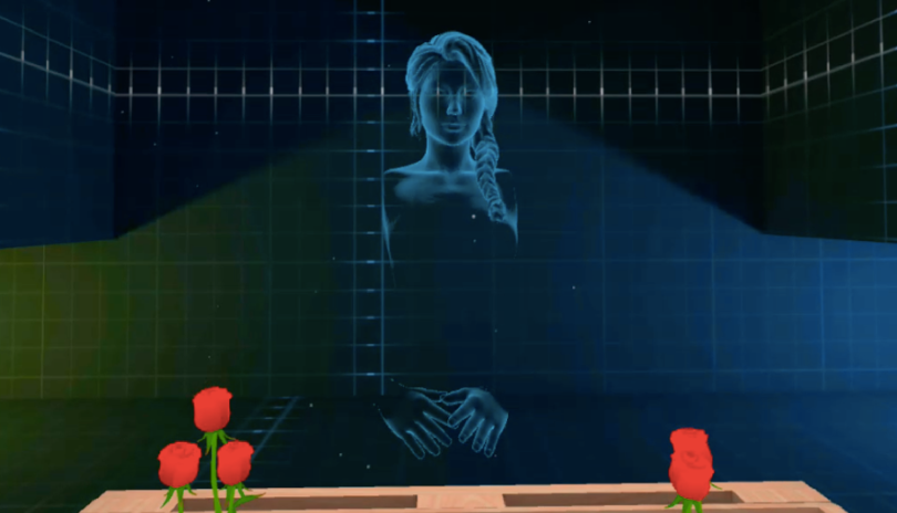 A person trying to smell flowers in a virtual space.