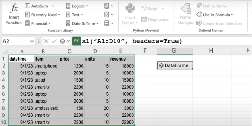 A Pandas dataframe object in Excel