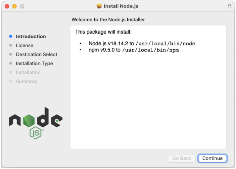A screenshot of the node.js installation process