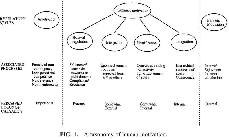 A chart mapping out the spectrum of motivations from amotivation, extrinsic motivation and intrinsic motivation.