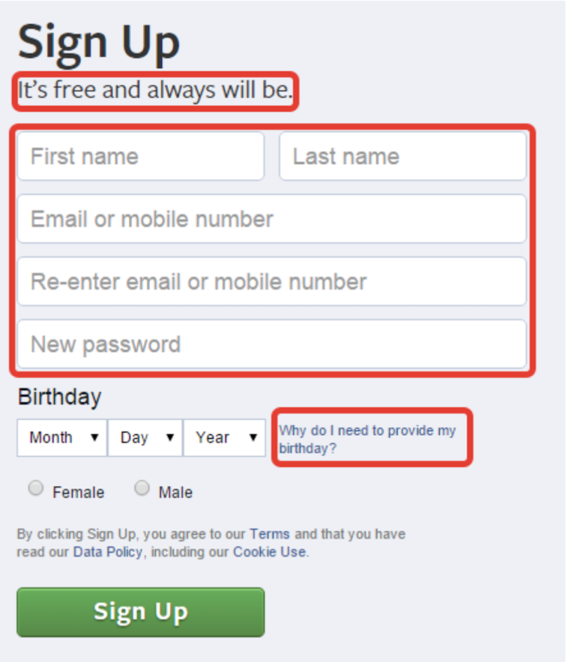 A screenshot of a Facebook sign-up box.