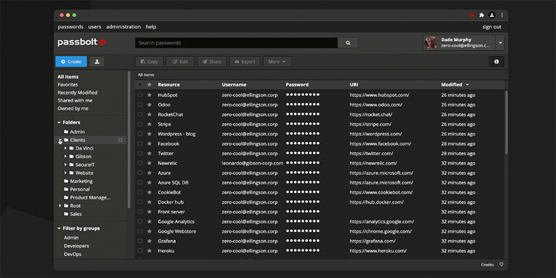 A screenshot of PassBolt's password manager dashboard.