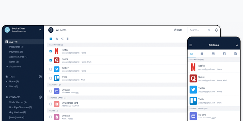Passcamp's password manager dashboard displayed on a mobile device and desktop computer. 
