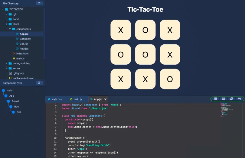 Screenshots of the Reactide interface showing a game of tic-tac-toe.