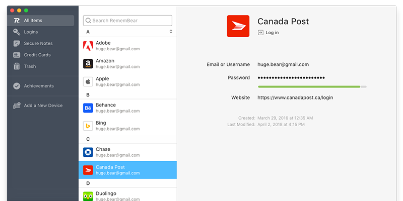 A screenshot of Remembear's password manager software.