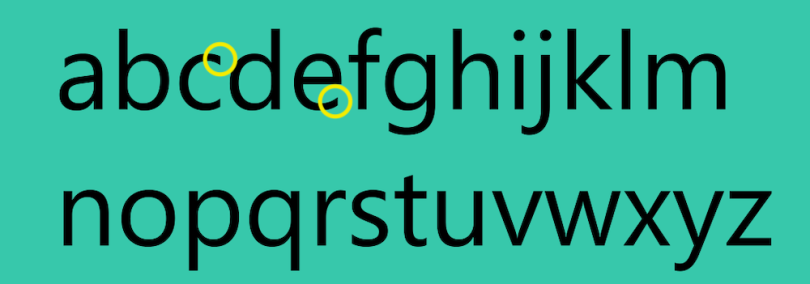 The alphabet typed in Segoe UI with its lowercase letters "c" and "e" highlighted to show how their reduced curvature allows for a more accessible reading experience.