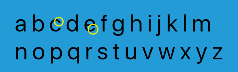 The alphabet typed in San Francisco Pro with its closed letters, lowercase "c" and "e," highlighted to demonstrate how they can resemble each other and the lowercase letter "o." 
