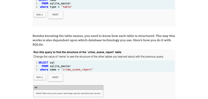 Screenshot of the SQL Murder Mystery game.