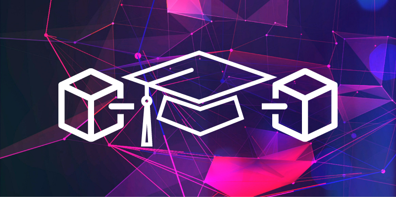 A graduation cap surrounded by cubes representing blockchain certifications offered at universities.