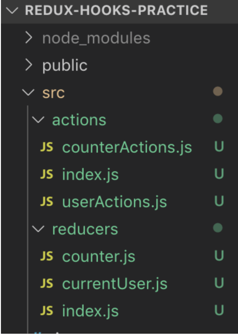 A screenshot of an actions and reducers folder in React Redux