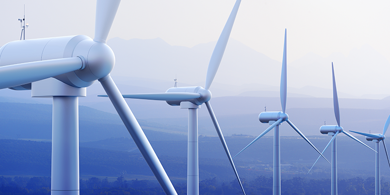 A row of wind turbines.