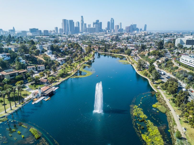 An aerial view of Echo Park in Los Angeles