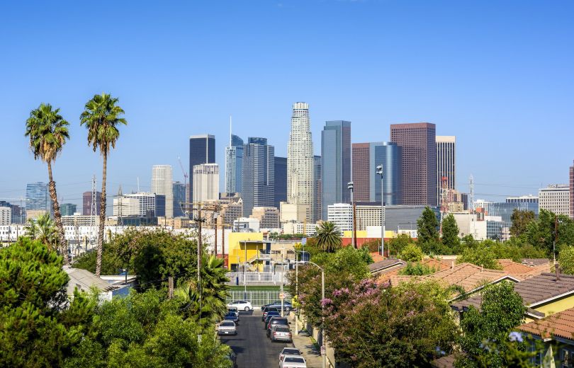 A daytime photo of the Los Angeles skyline.