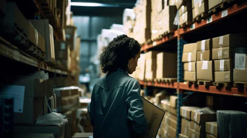 A person stands in a dimly-lit warehouse surrounded by boxes.