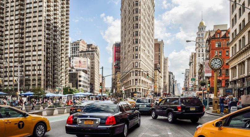 A view of the Flatiron Building from Fifth Avenue in New York City.