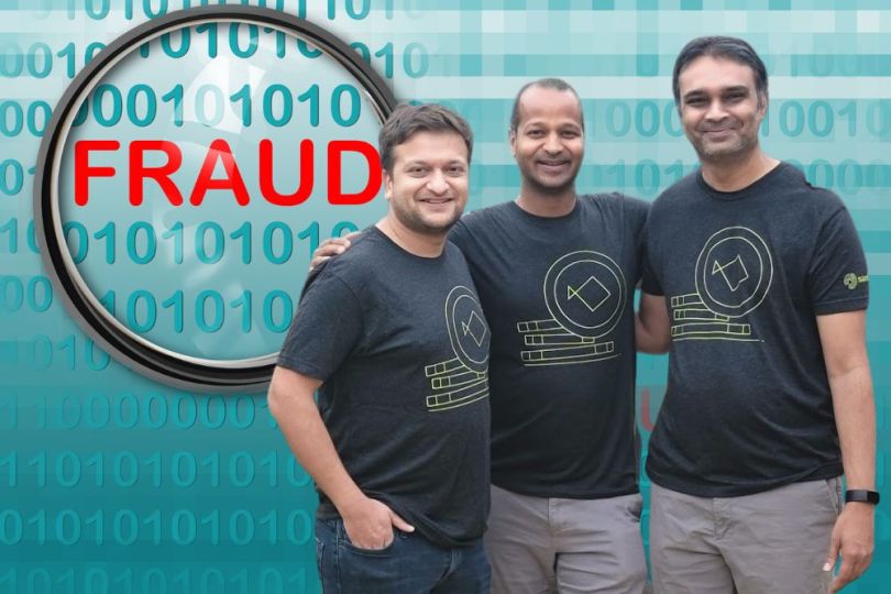 Sardine co-founders Adi Goel, Soups Ranjan and Zahid Shaikh in front of a series of ones and zeros, a spyglass and the word "fraud" in red