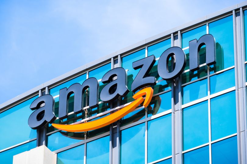 An exterior photo of an Amazon corporate building.