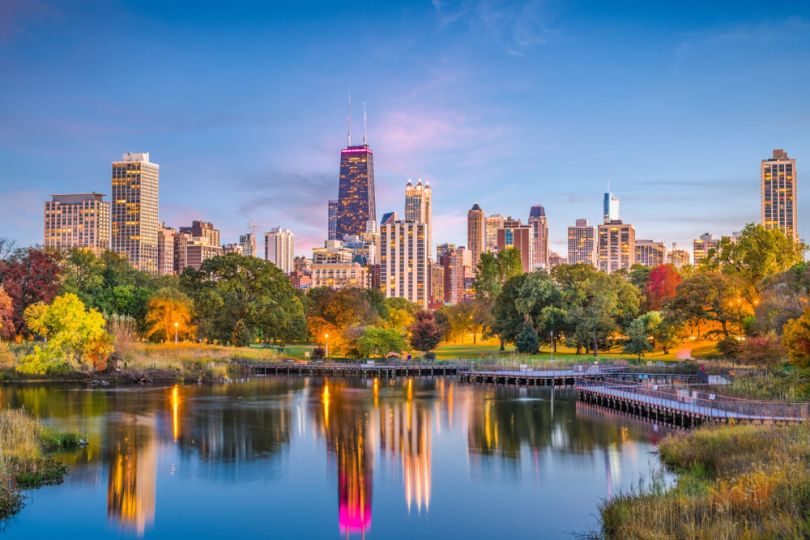 The Chicago skyline in the fall