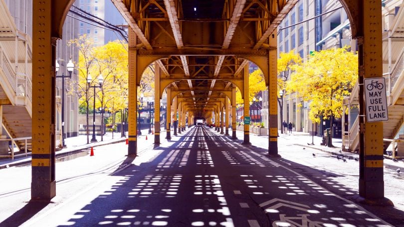 A  street view from under the L train.