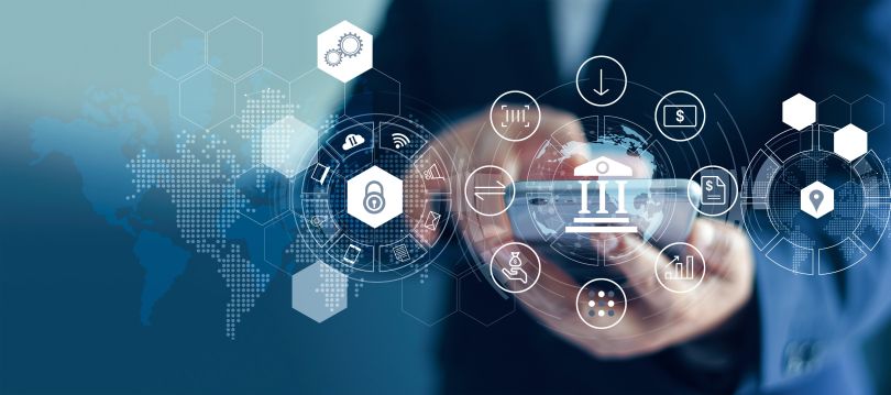 Digital banking concept render, man selecting a financial service on his phone