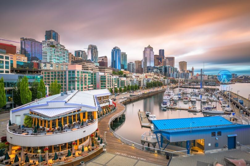 The Seattle pier and skyline at dusk.