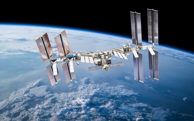 The International Space Station in orbit above Earth. 