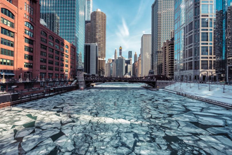 Chicago river and skyline during the winter. 