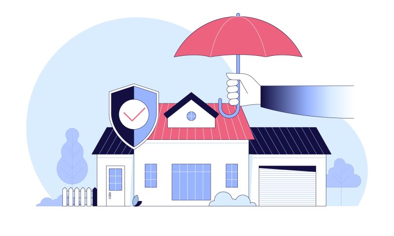 A symbolic illustration in which an umbrella protects a home and automobile