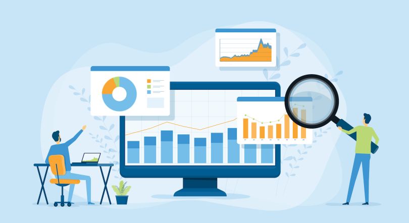 Vector image of two people looking at a giant desktop screen and investigating graphs.