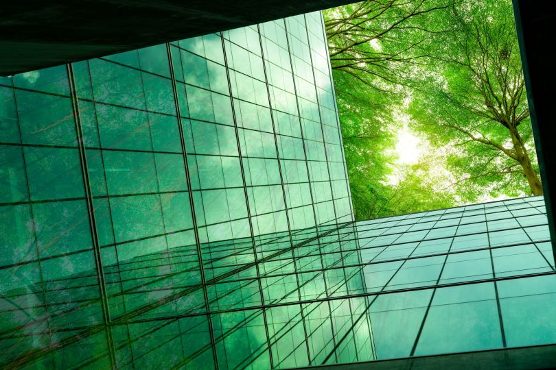 A green building is pictured.