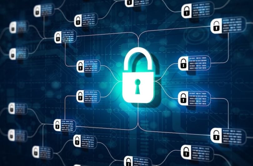 ockchain technology with diagram of chain and encrypted blocks on abstract background
