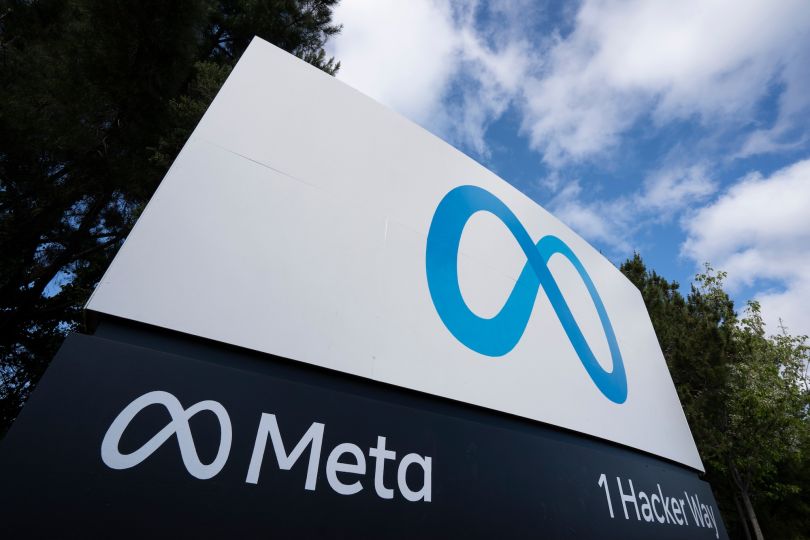 A photo of the Meta company sign at its California headquarters.