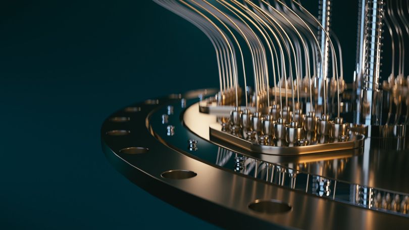 A close-up image of a quantum computer is pictured.