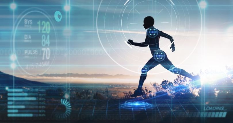 A runner surrounded by graphics tracking their fitness progress.