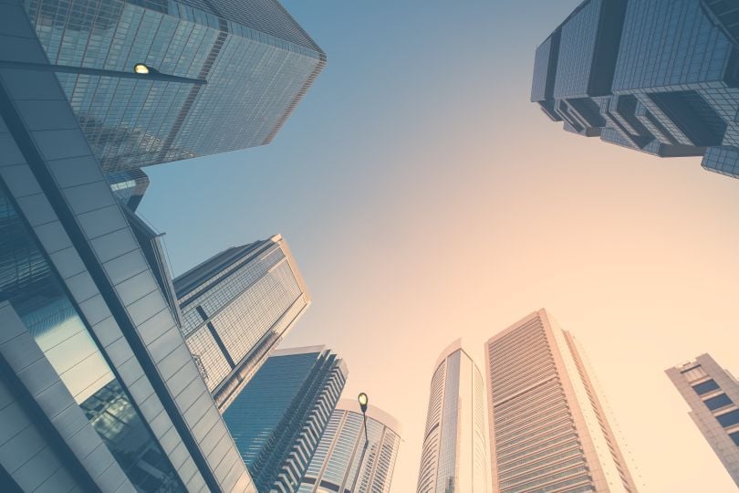 A view of city buildings.