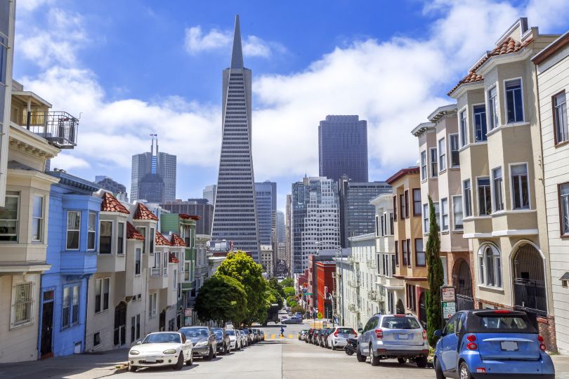 Montgomery Street and a view of downtown areas of San Francisco, CA USA.