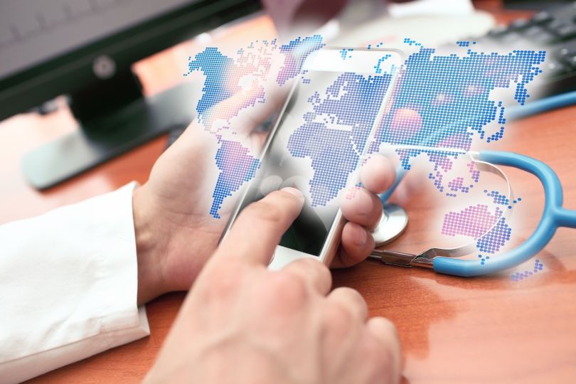 physician using geolocation app on a phone