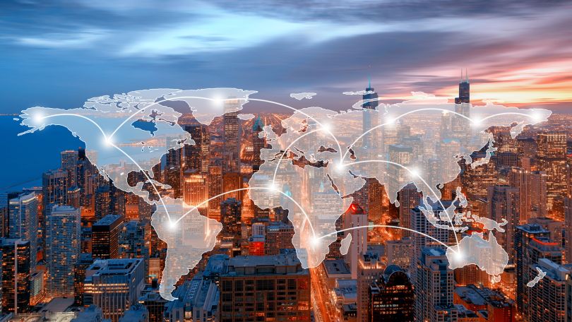 An photo of Chicago superimposed with an global map with connection points.