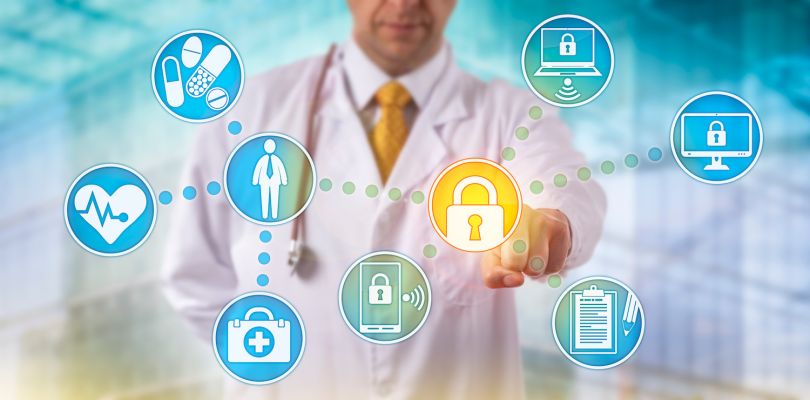 Image of a doctor touching a security icon