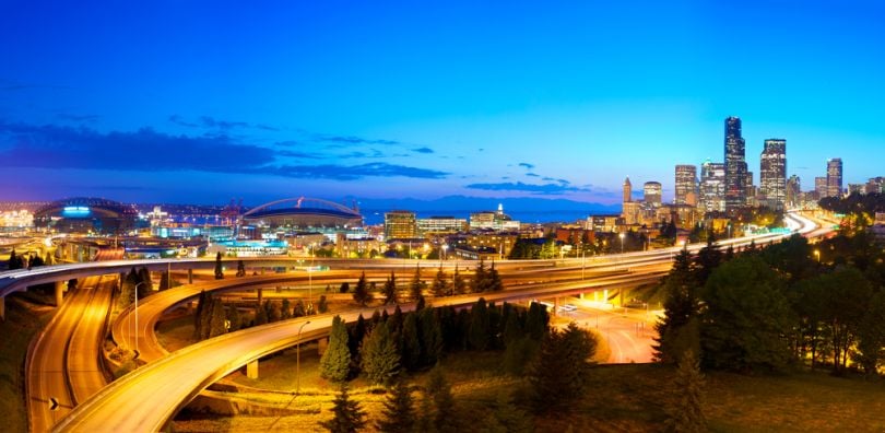 The Seattle skyline at night