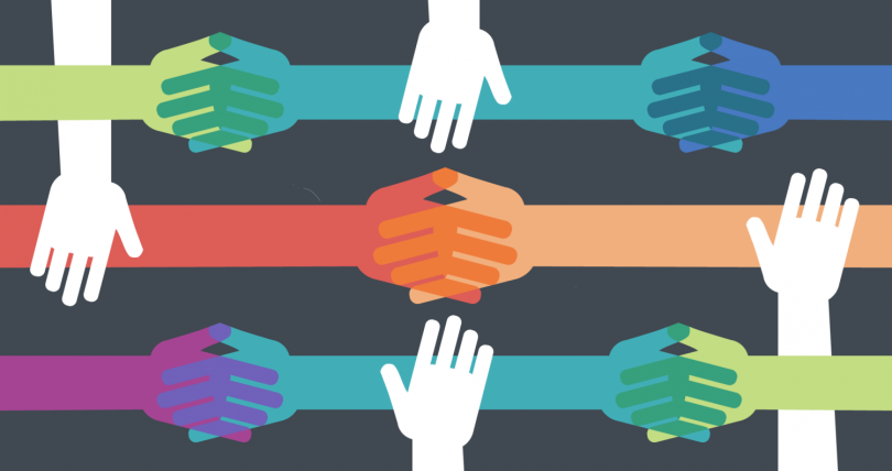 Illustration: (graphic colorful overlapping hands to show unity) Building diverse communities