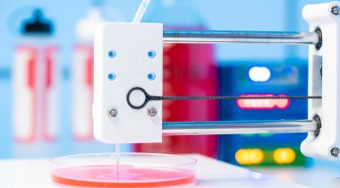 Machine bioprinting a layer of material in a petri dish