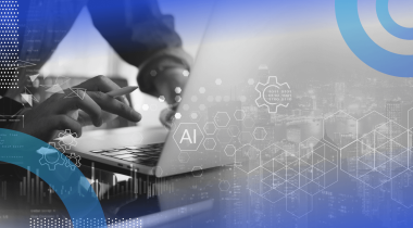 A close up of a tech worker with a stylus working on a laptop with an AI overlay