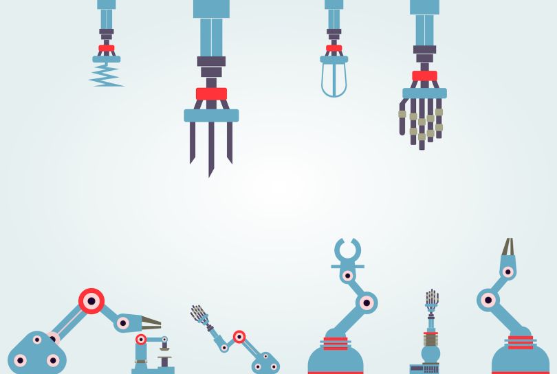 image of ten robotics arms and devices, four mounted at the top of the frame and six below, on a light blue background.