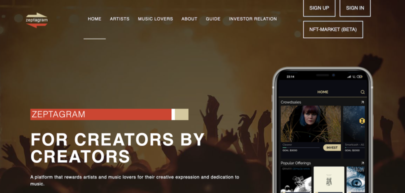 Zeptagram allows musicians to sell a portion of ownership rights to their compositions as NFTs.